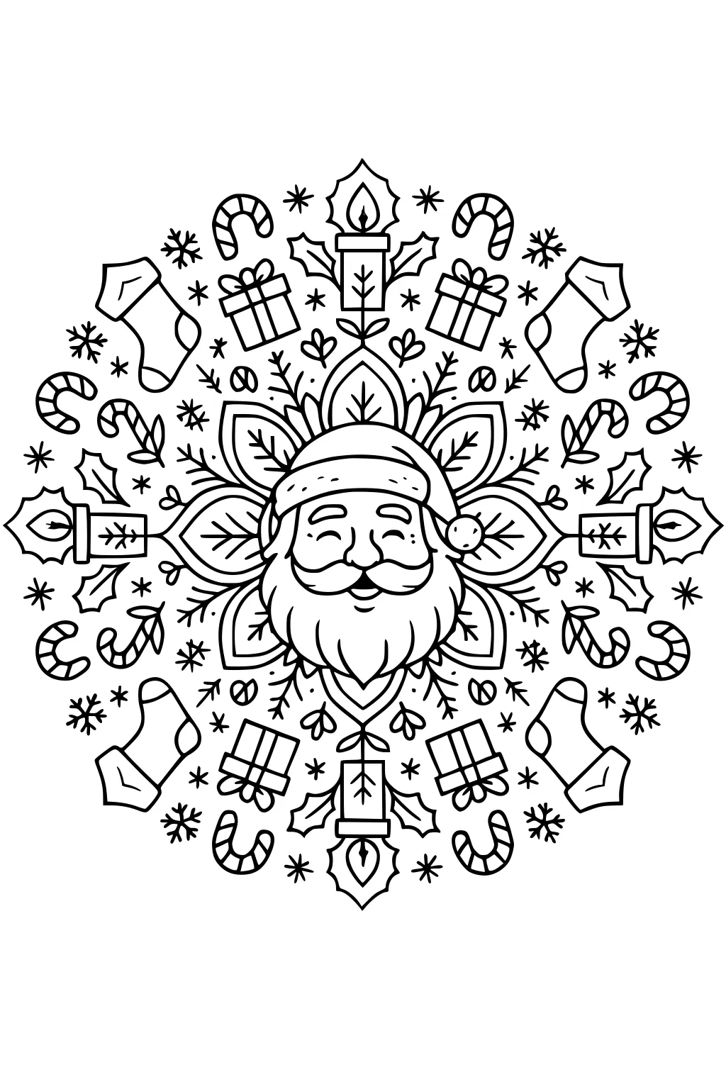 Smiling Santa face in center of circular Christmas mandala with candles, stockings, gift boxes, candy canes, holly leaves, and snowflakes.