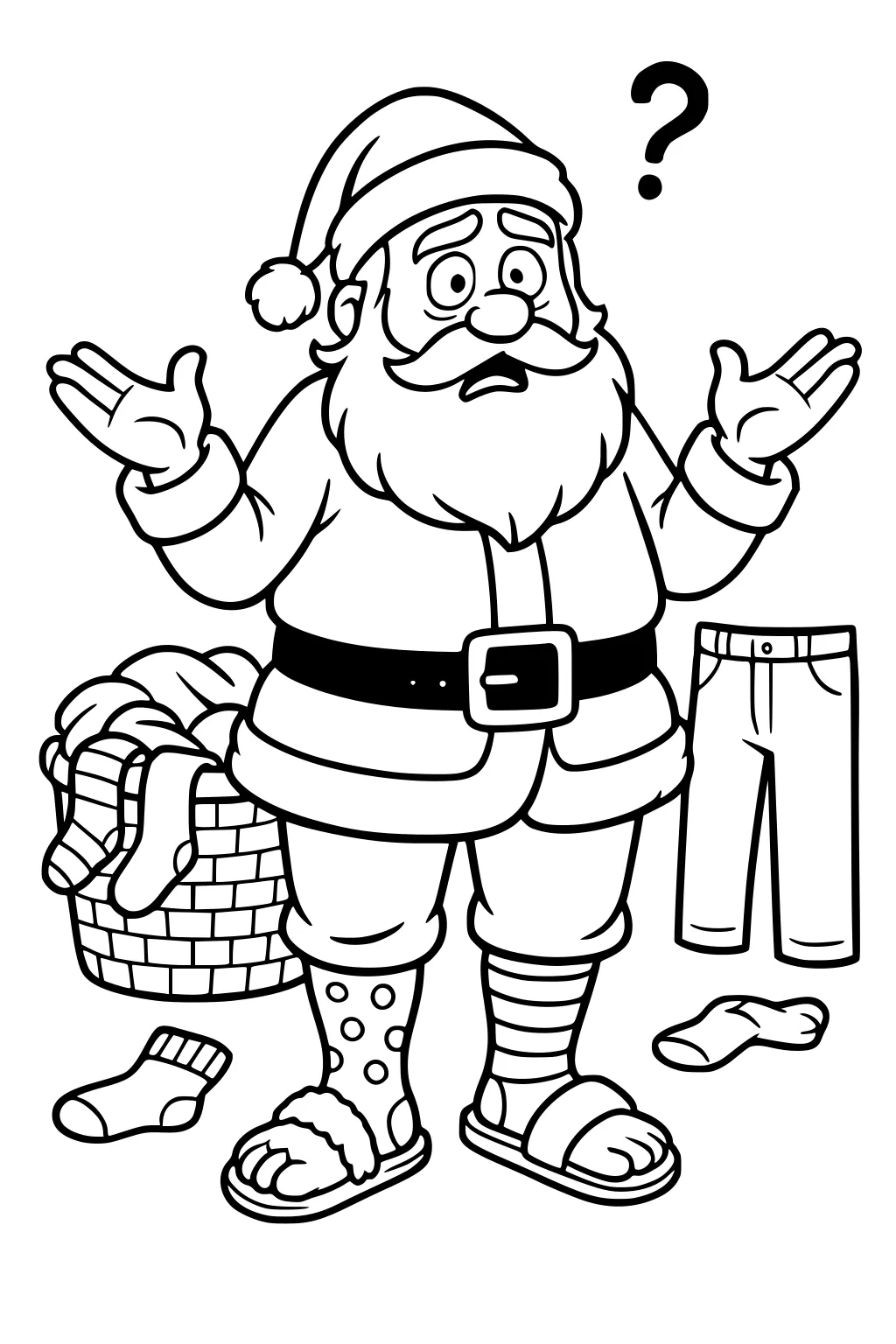 Santa shrugs with a question mark, wearing mismatched socks and sandals by a laundry basket, loose pants, and dropped socks.