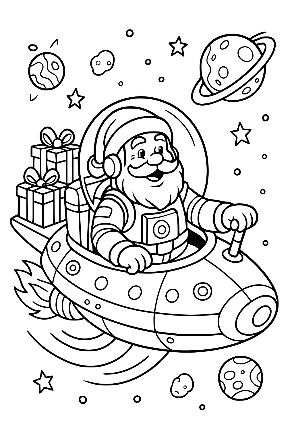 Santa pilots a round rocket with presents, steering through stars, planets, and asteroids, with a ringed planet and a flaming engine trail.