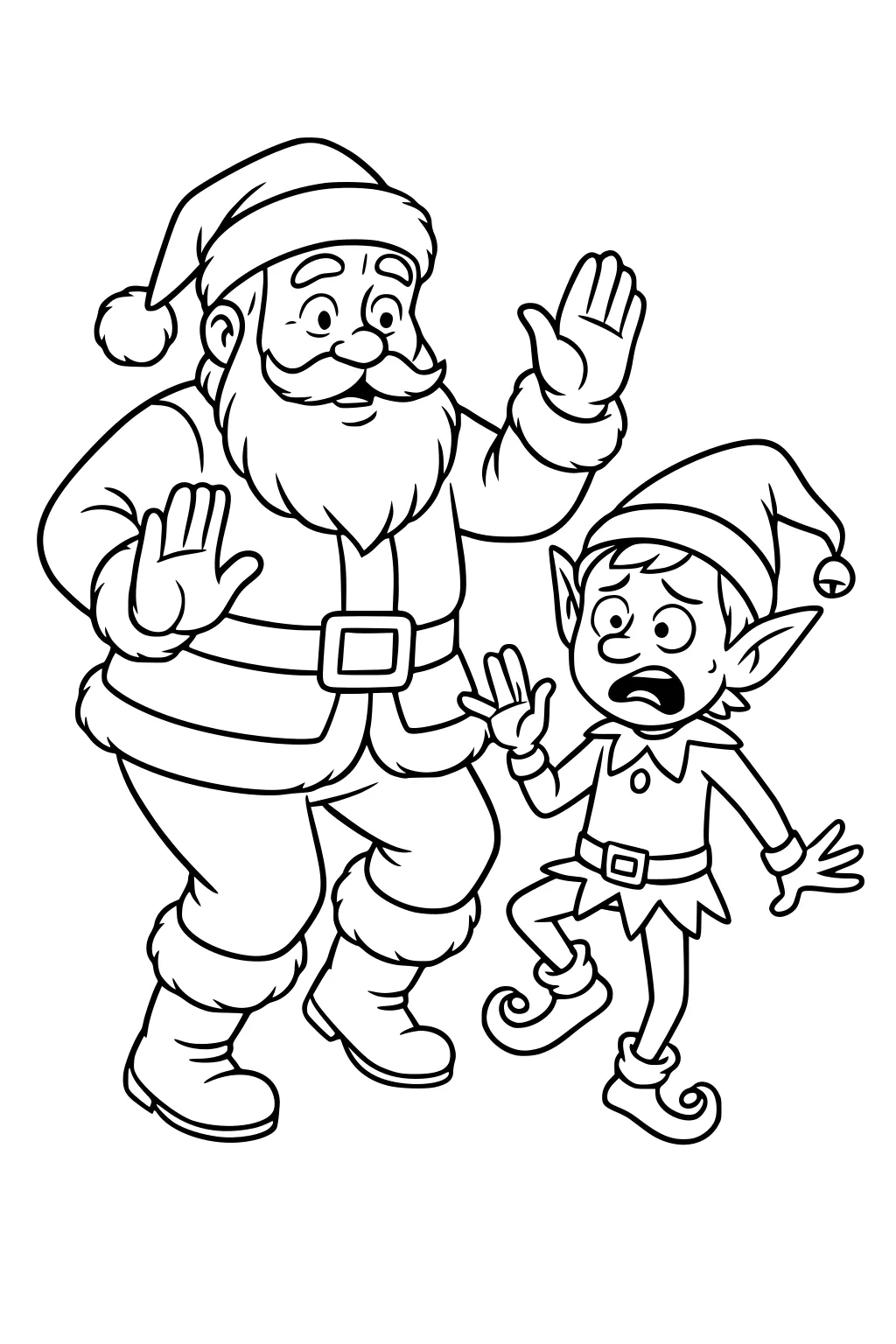Santa raises his hands beside a surprised boy elf in a Christmas hat and curl-toe shoes, both stepping back with wide eyes.