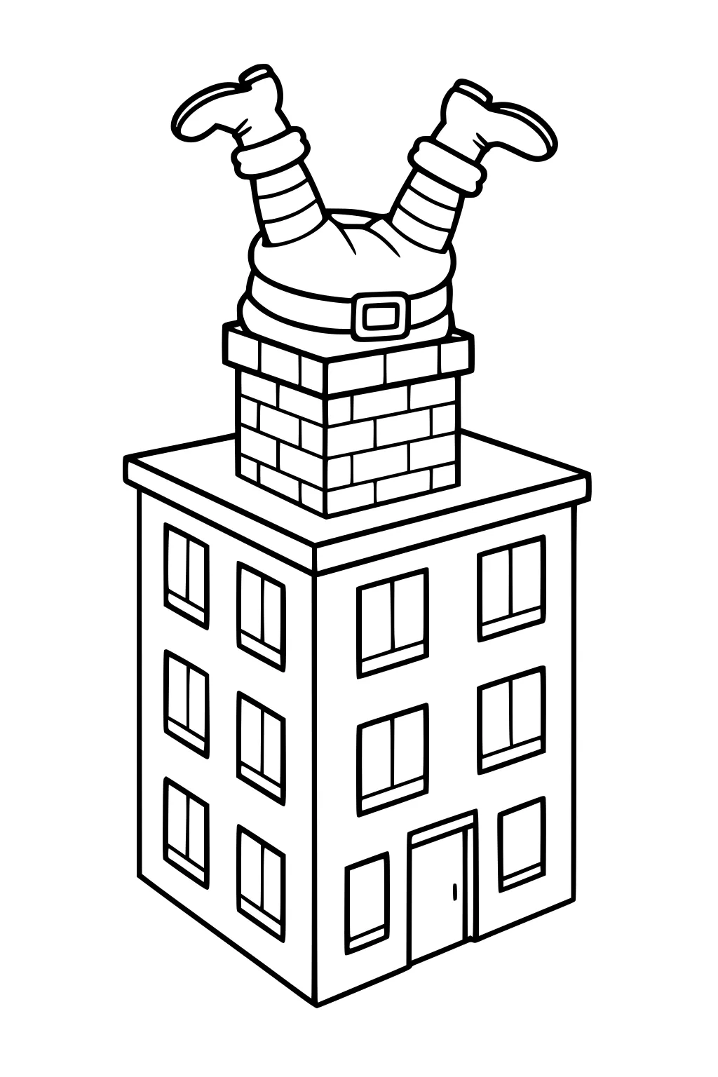 Santa stuck upside down in a brick chimney on a tall apartment building roof with rows of windows and a front door.