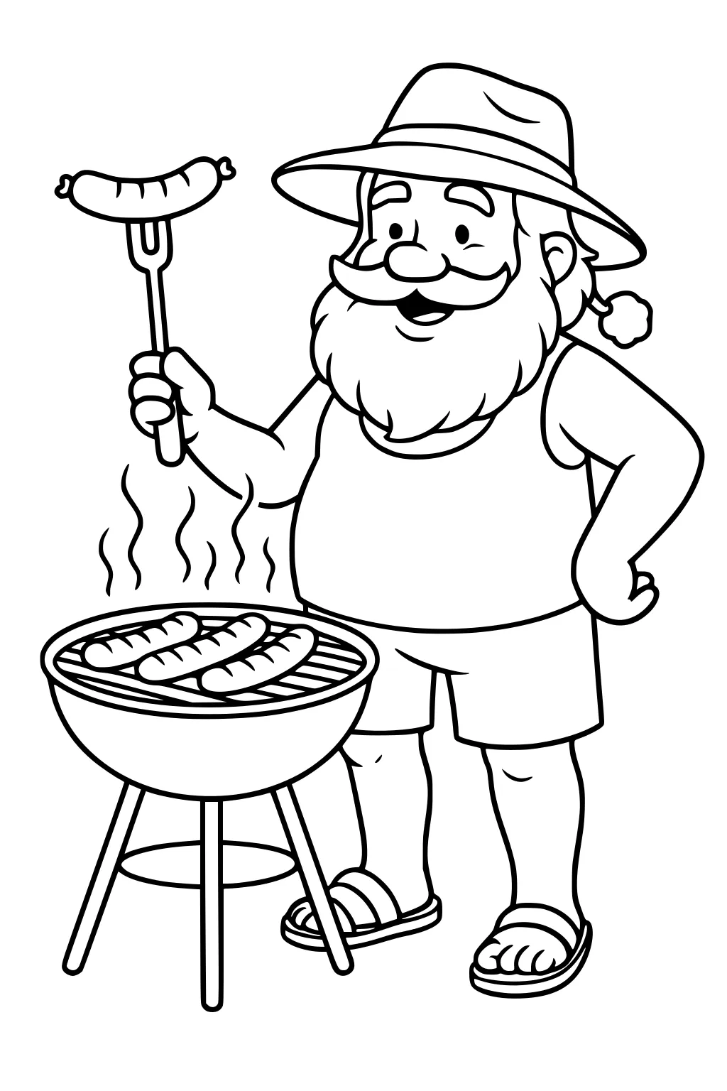 Santa in sun hat, tank top, shorts, and sandals grills sausages on a round barbecue, holding one on a fork; steam rises.
