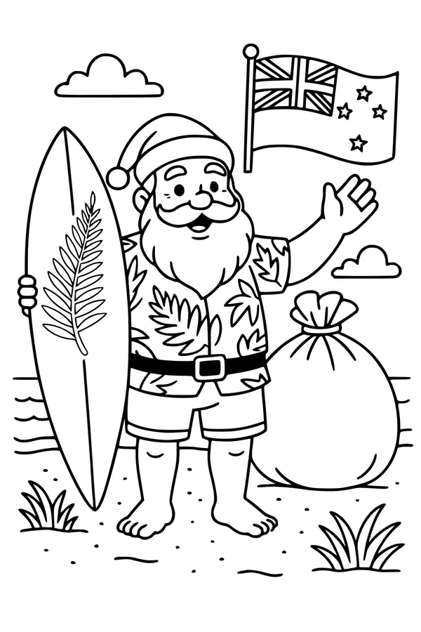 Free Santa Claus Coloring Page - Summer Surfing on a New Zealand Beach (Printable PDF)
