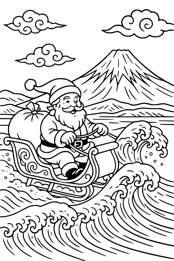 Free Santa Claus Coloring Page - Surfing Sleigh By Snowy Mountain (Printable PDF)