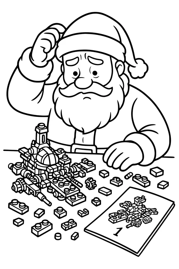 Free Santa Coloring Page - Puzzled Toy Spaceship Build (Printable PDF)