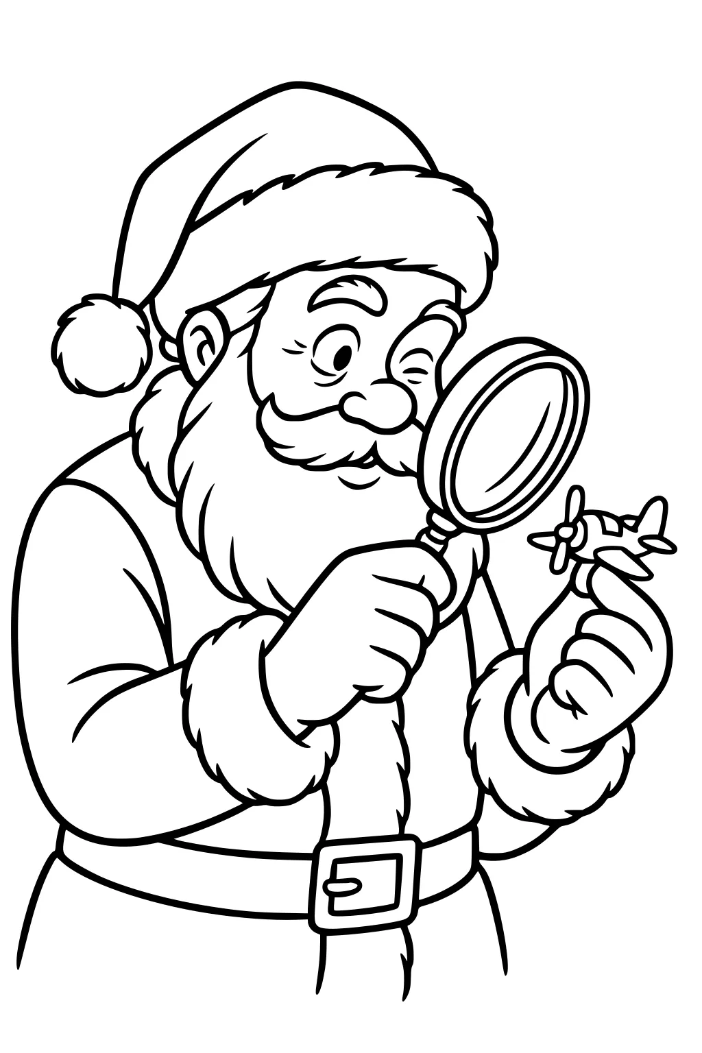Santa inspects a tiny toy airplane with a magnifying glass, wearing a fur-trim hat and coat, smiling with a big belt buckle.