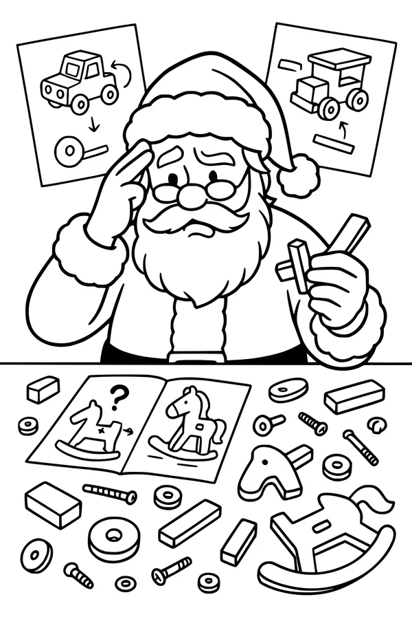 Free Santa Claus Coloring Page - Tricky Toy Workshop Scene (Printable PDF)
