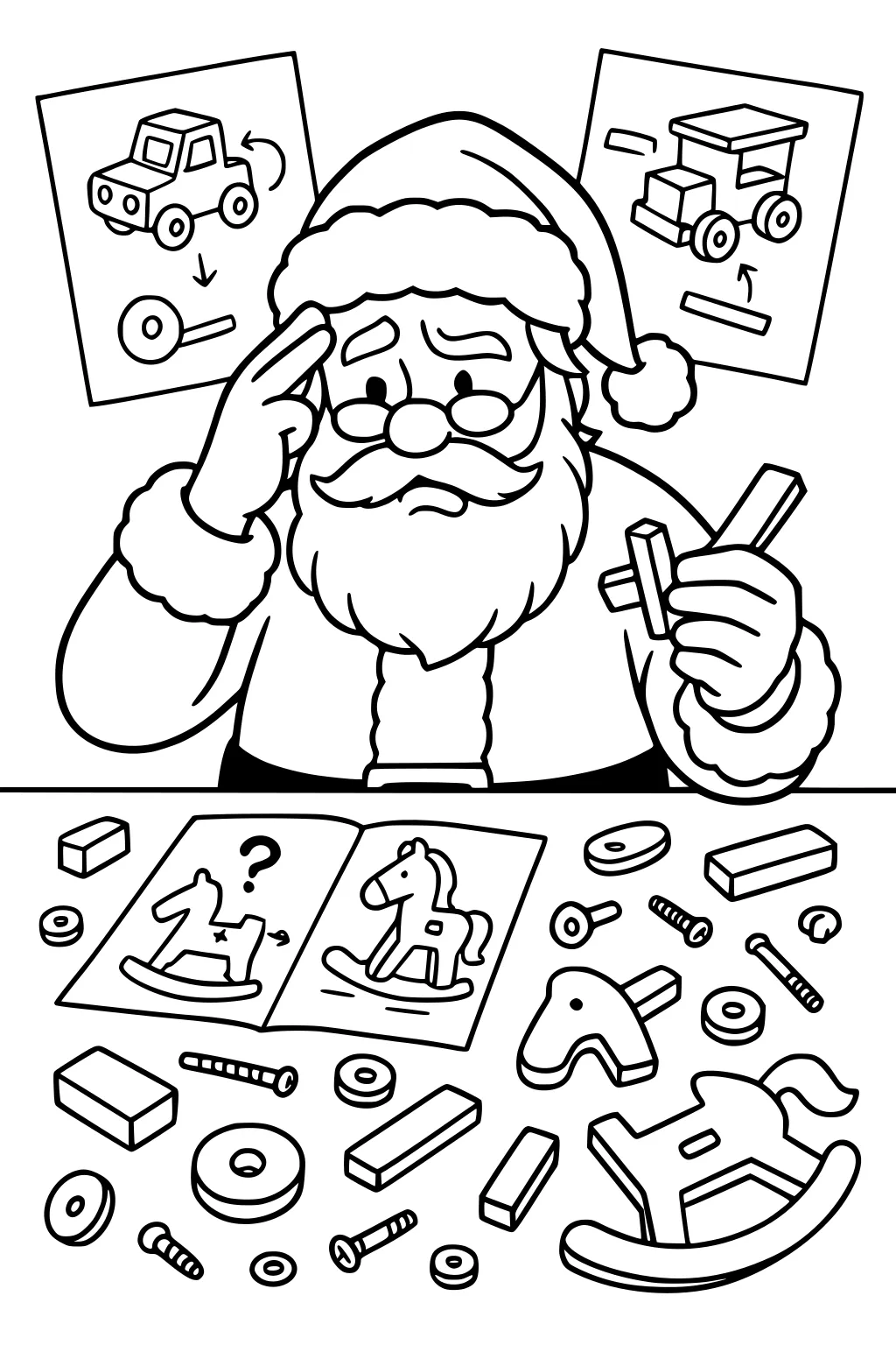 Santa at a workbench with toy parts; open rocking horse manual; car diagrams behind; screws, washers, and wooden pieces scattered.