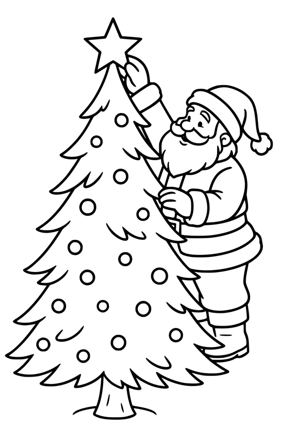 Free Santa Claus Coloring Page - Placing Star On Christmas Tree (Printable PDF)