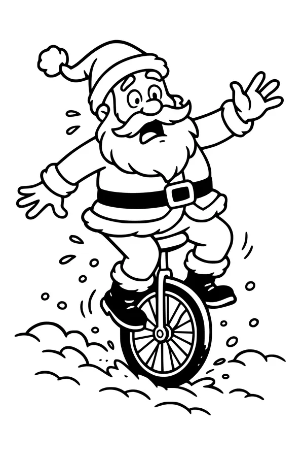 Free Santa Claus Coloring Page - Wobbly Unicycle Ride in the Snow (Printable PDF)