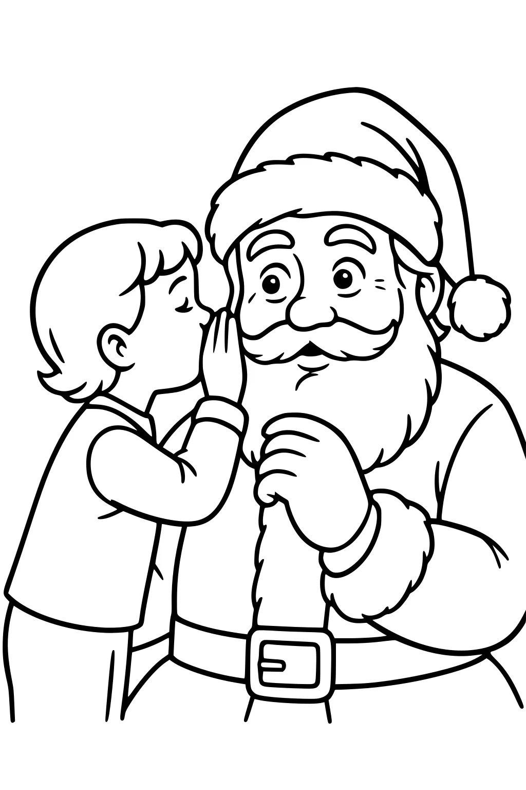 Boy whispers to Santa Claus; Santa listens with raised eyebrows, gloved hand near beard, wearing a pom-pom hat and a belt.