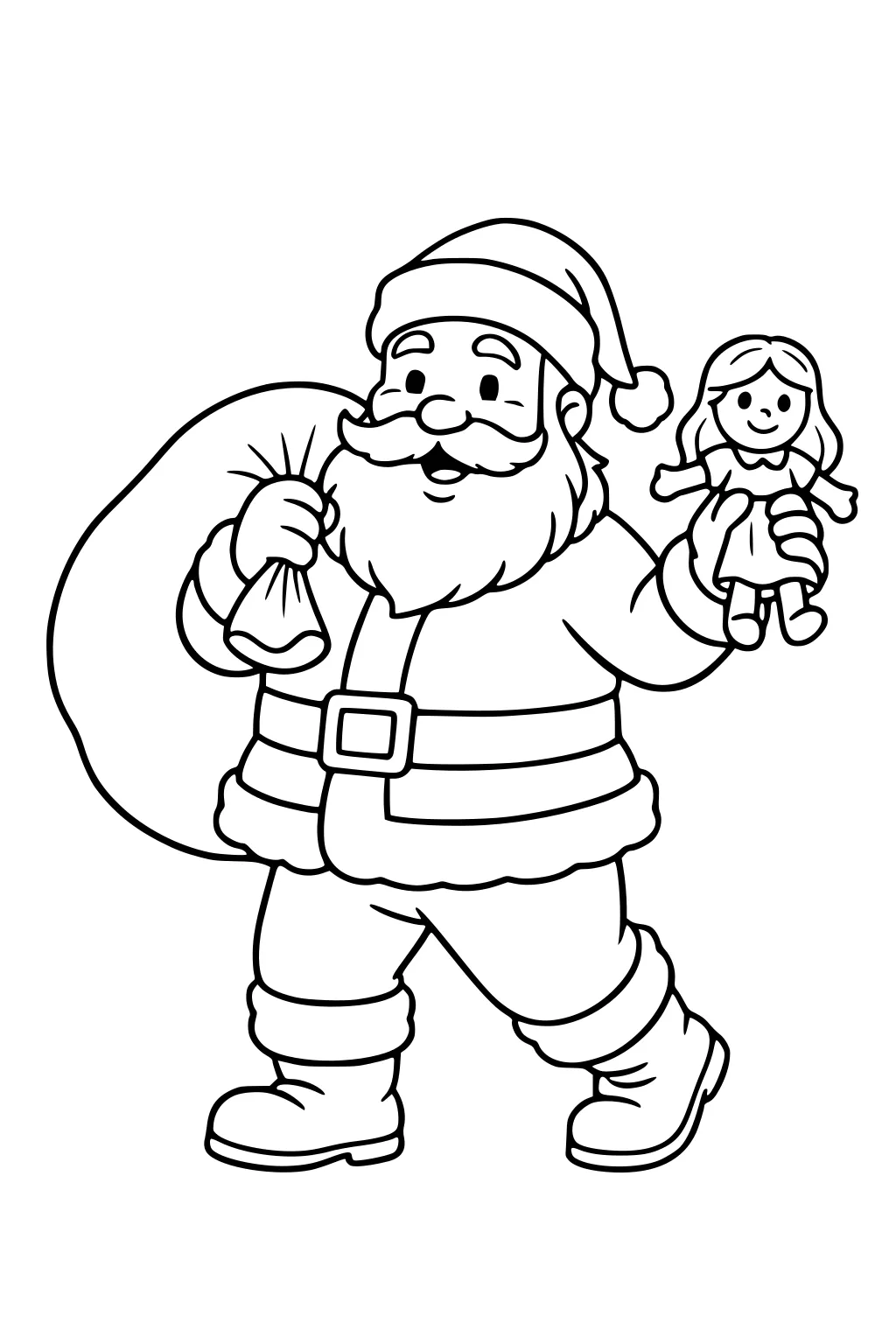 Santa Claus walks with a big gift sack on his shoulder and holds a smiling girl doll, simple cartoon outline with bold lines.