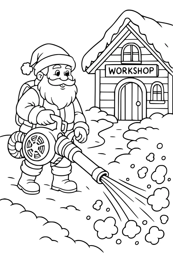 Free Santa Claus Coloring Page - Clearing Snow At His Workshop (Printable PDF)
