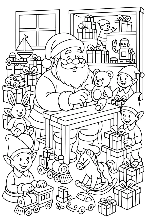 Free Santa Claus Coloring Page - Busy Christmas Toy Workshop (Printable PDF)