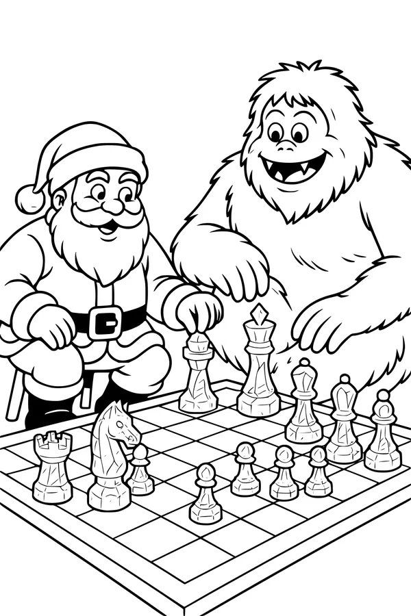 Free Santa and Yeti Coloring Page - Christmas Chess Match (Printable PDF)