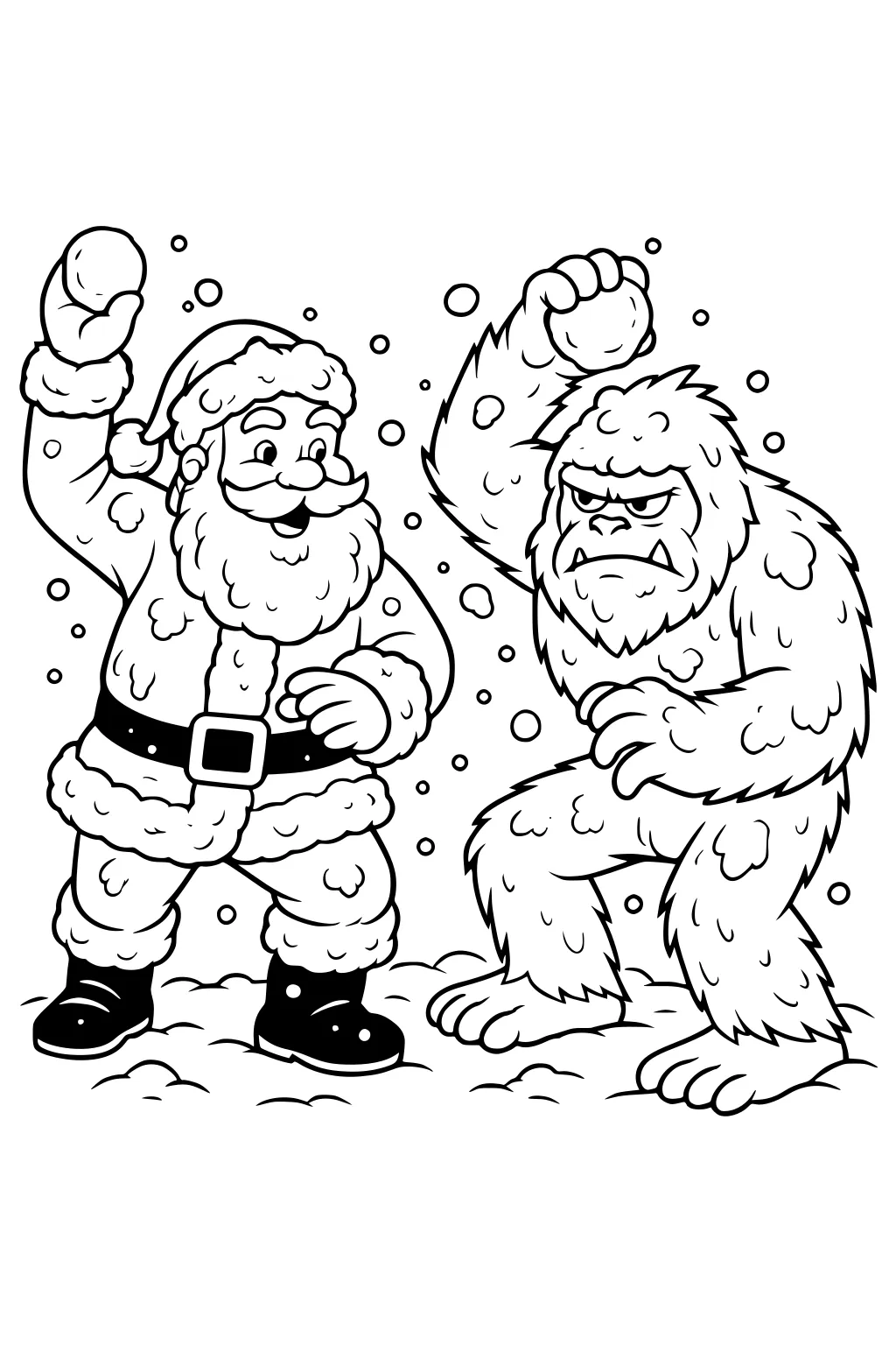 Santa smiles with a raised snowball while a shaggy yeti crouches, fist up, in a snowy scene with falling flakes and soft snow mounds.
