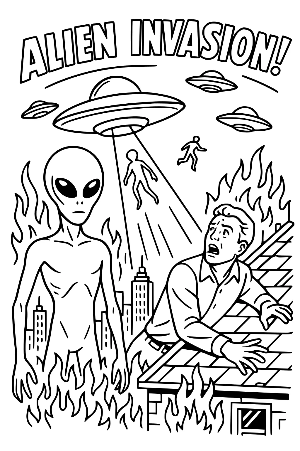 Alien with big eyes near flames, man on rooftop, UFO beam lifting people, small saucers, city skyline, ALIEN INVASION text.