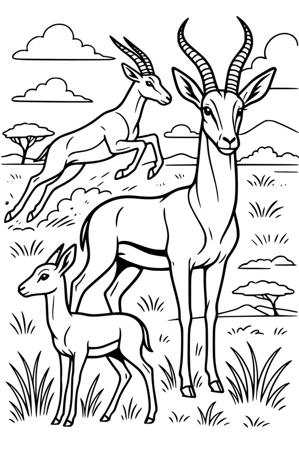 Free Gazelle Coloring Page - Leaping Gazelles on the Savannah (Printable PDF)