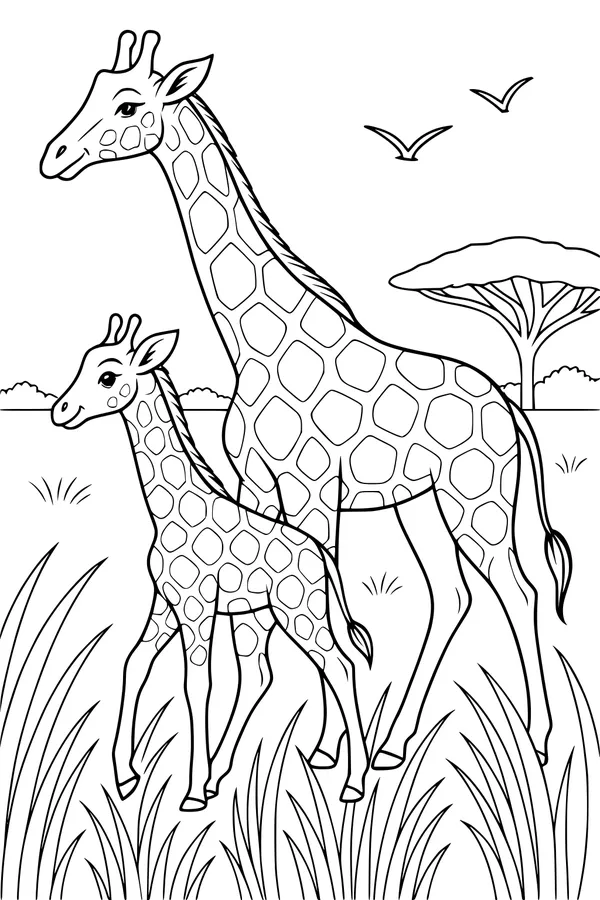 Free Giraffe Coloring Page - Mother and Calf in Tall Grass (Printable PDF)
