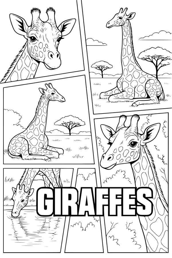 Free Giraffe Coloring Page - Peaceful Savanna Waterhole Scene (Printable PDF)