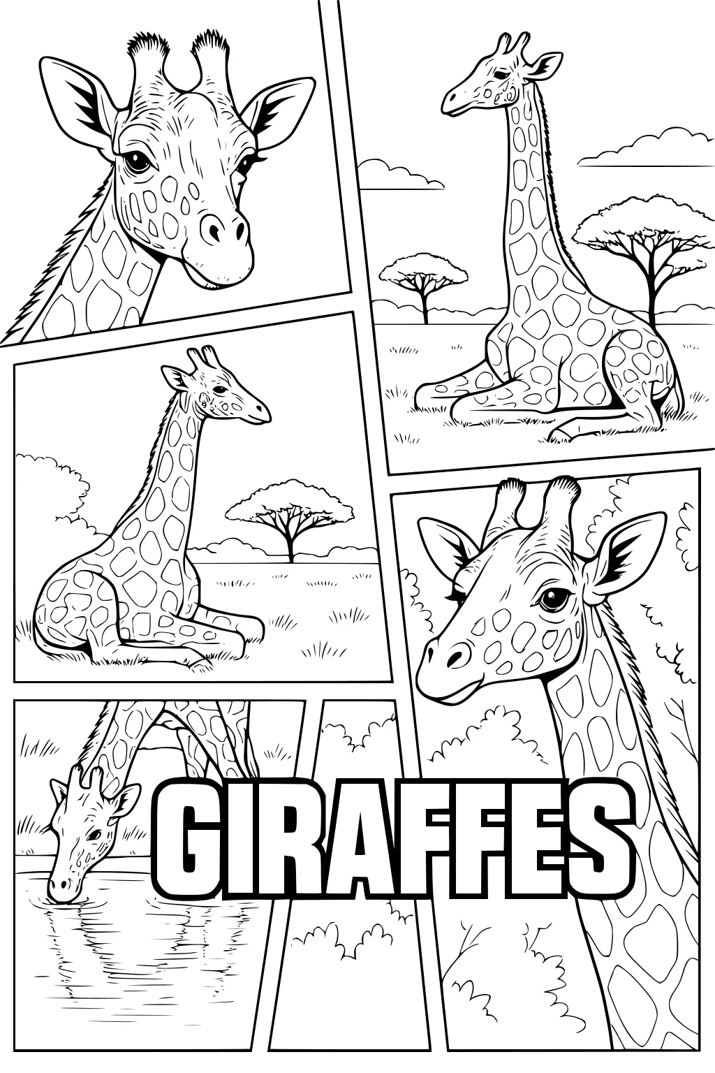 Five panels showing giraffes on a savanna, including close-up faces, giraffes sitting in grass, and one drinking from water.