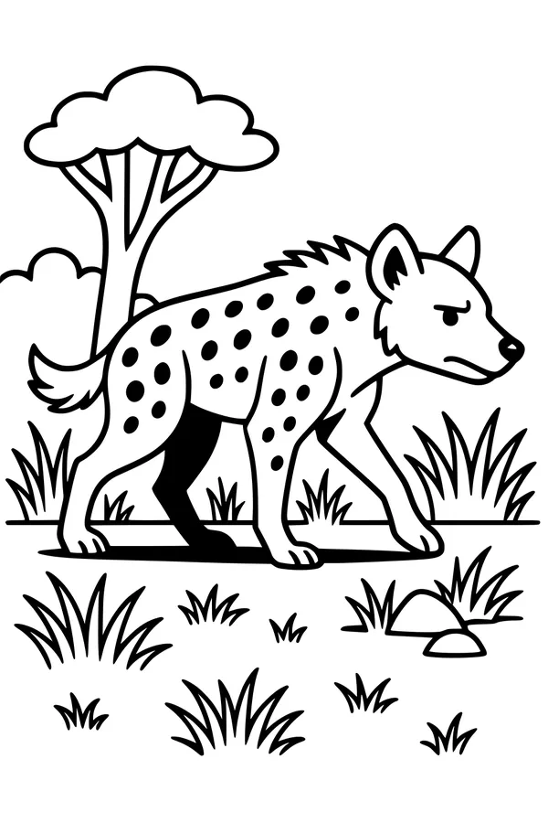Free Hyena Coloring Page - Spotted Hyena in Grassy Savanna (Printable PDF)