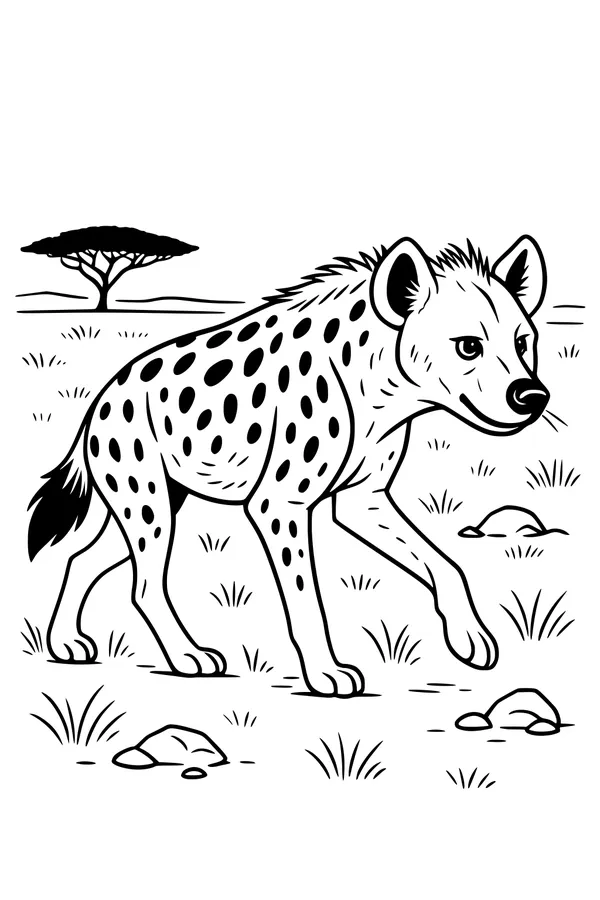 Free Hyena Coloring Page - Spotted Hyena in Sunny Savanna (Printable PDF)