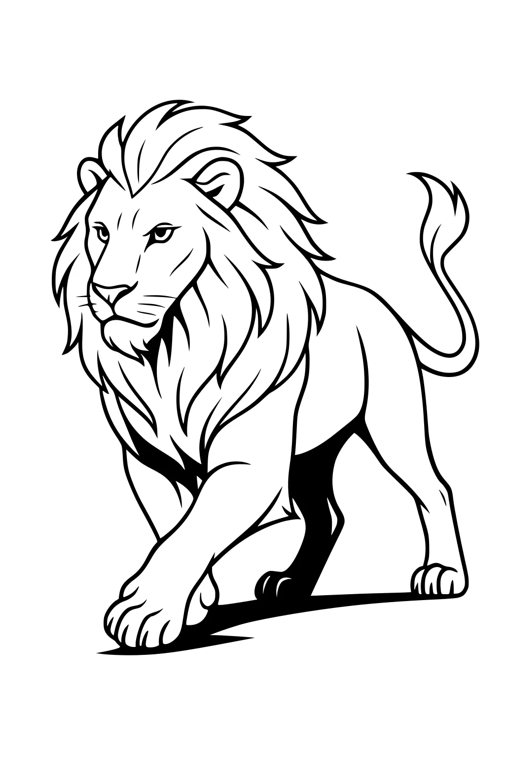 Outline drawing of a lion walking with a large mane, forward-facing posture, and tail curled up.