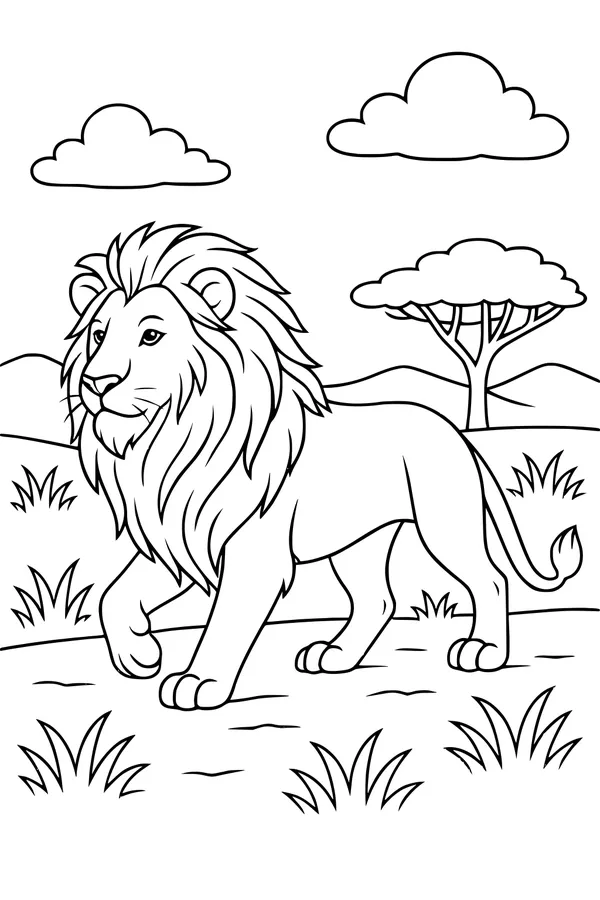Free Lion Coloring Page - Walking Through Sunny Savanna Grass (Printable PDF)