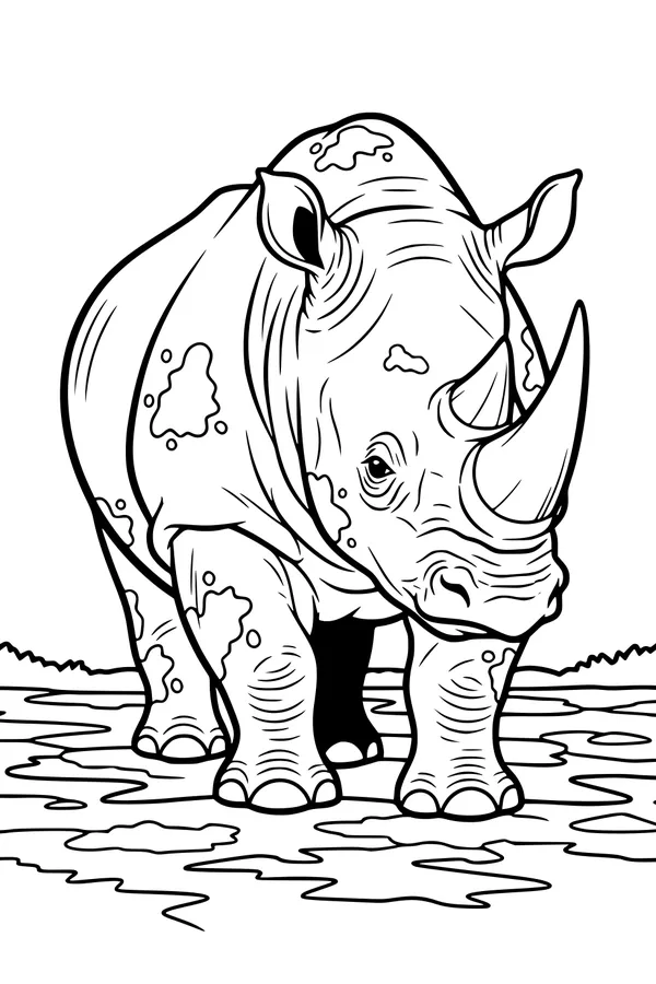 Free Rhinoceros Coloring Page - Muddy Two-Horned Rhino at the Waterhole (Printable PDF)