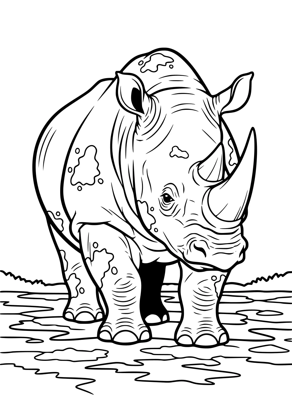Large rhinoceros with two horns, muddy patches on skin, walking on puddles with grassy shrubs in the distance.