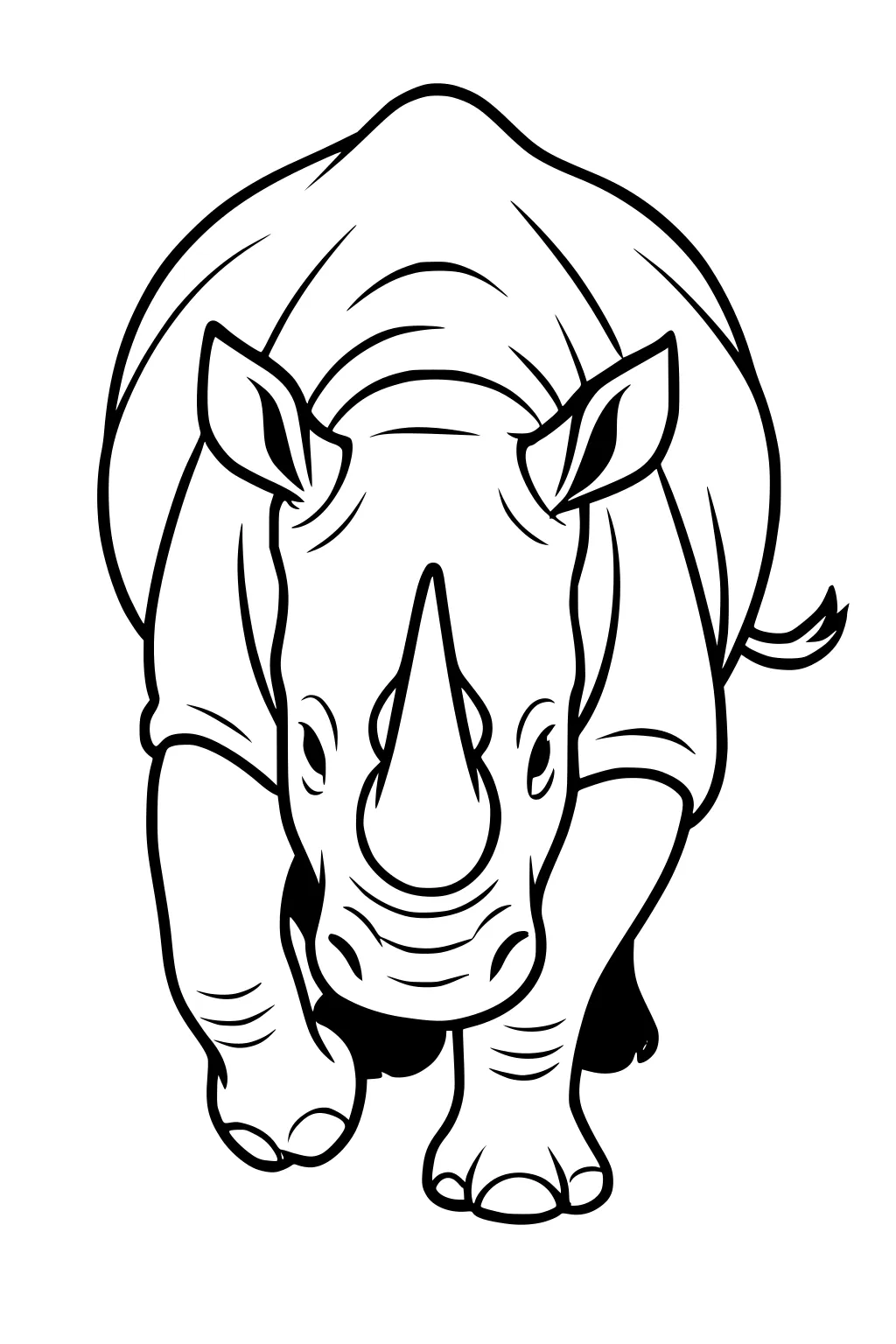 A rhinoceros walking forward with large legs, a thick horn, upright ears, and a curling tail on white background.