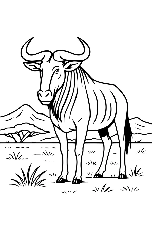 Free Wildebeest Coloring Page - African Savanna Scene (Printable PDF)