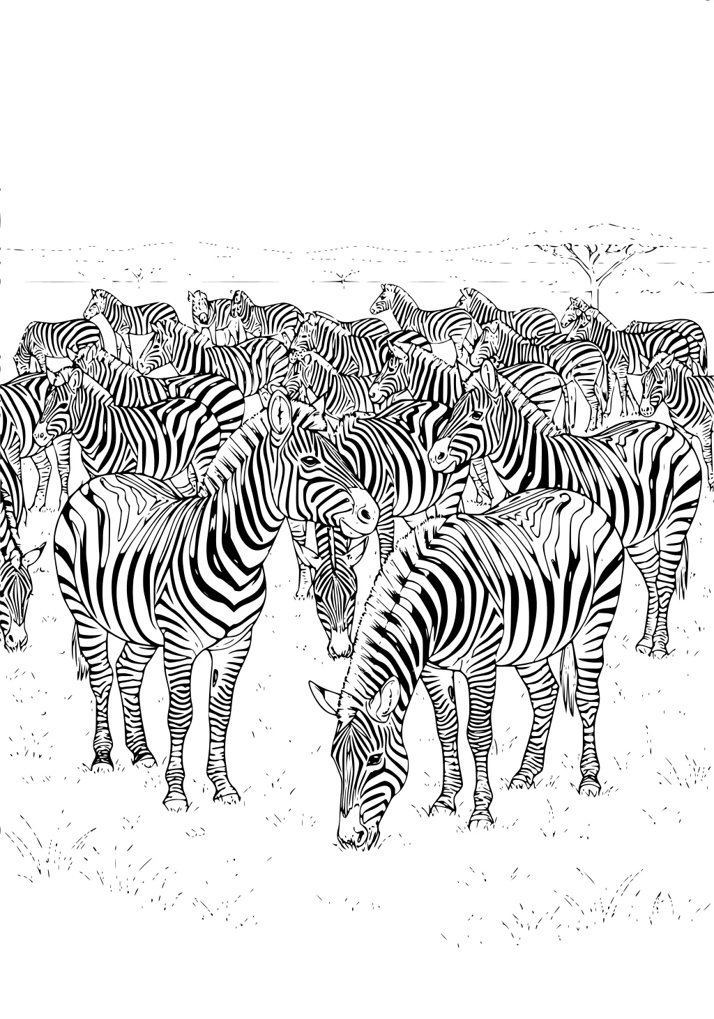 Herd of zebras grazing and standing in tall grass on an African savanna with acacia trees and distant low hills.