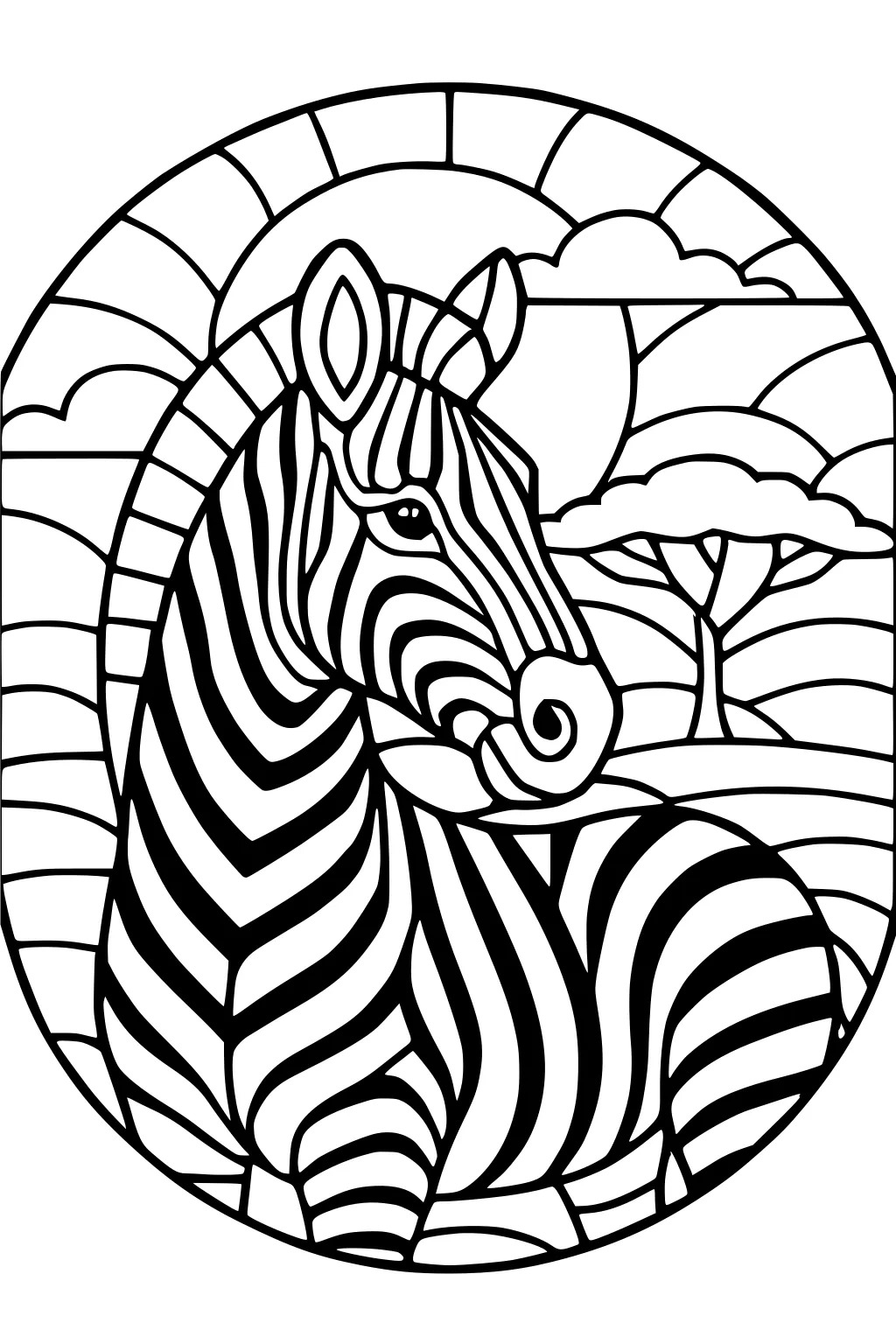 Zebra with bold stripes in an oval frame with sun, clouds, hills, and an acacia tree on a savanna background.