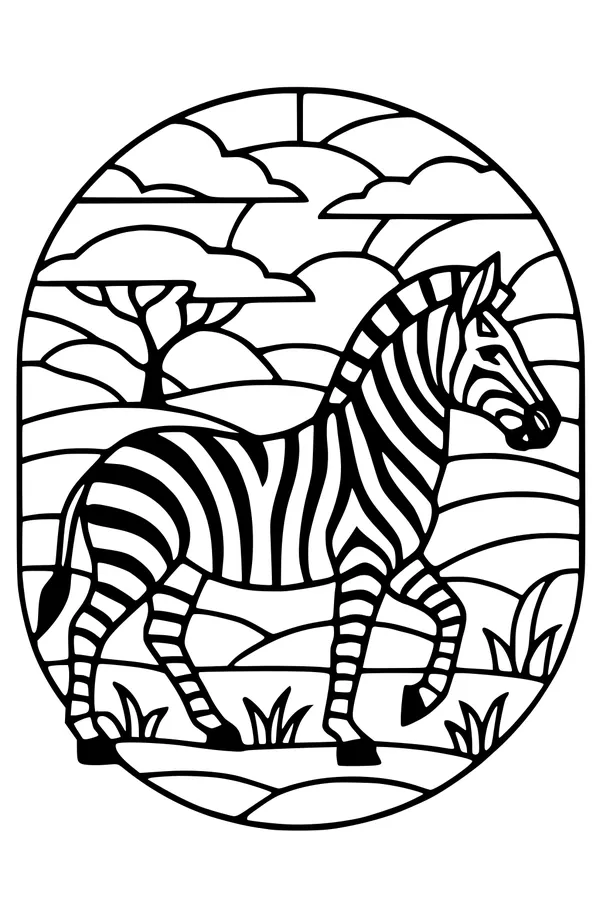 Free Zebra Coloring Page - Striped Zebra Walking in African Savanna (Printable PDF)