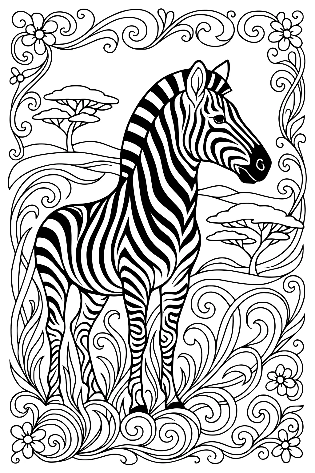 Zebra with bold stripes framed by swirling vines and flowers, with acacia trees and rolling hills in the background.