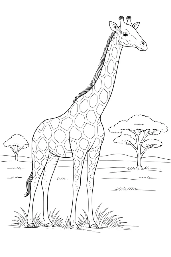 Free Giraffe Coloring Page - Tall Savanna Friend With Acacia Trees (Printable PDF)