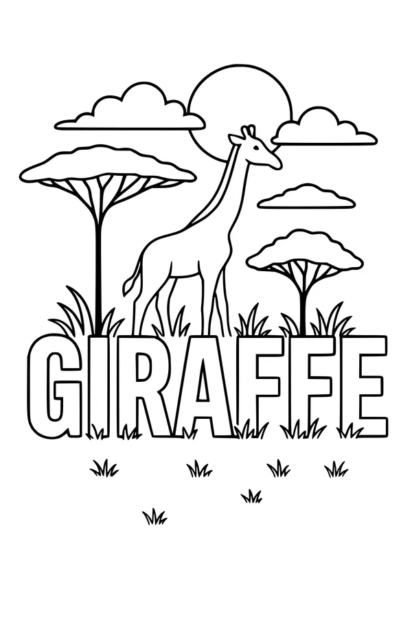 Free Giraffe Coloring Page - Sunny Savanna Walk with Big Letters (Printable PDF)