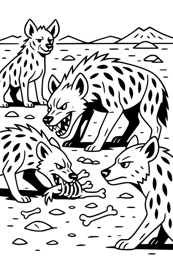 Free Hyena Coloring Page - Four Spotted Hyenas on Rocky Savannah (Printable PDF)