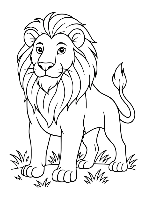 Free Lion Coloring Page - Cartoon King Standing in Grass (Printable PDF)