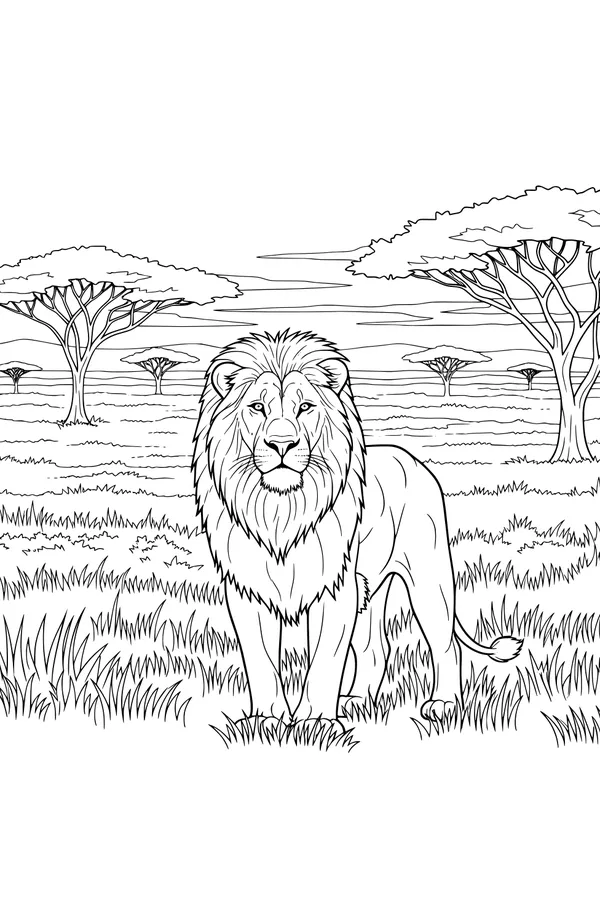 Free Lion Coloring Page - Majestic Male in Sunny Savannah (Printable PDF)