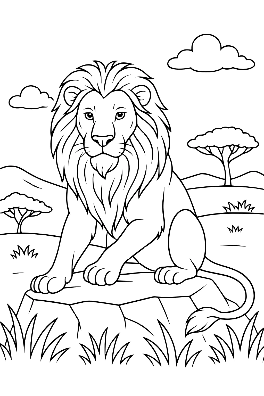 A lion with a large mane sits on a rock surrounded by grass, trees, and clouds in a savanna landscape.