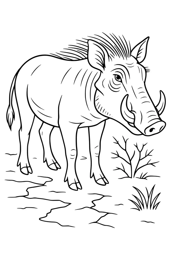 Free Warthog Coloring Page - Spiky-Mane Warthog on Dry Savannah (Printable PDF)