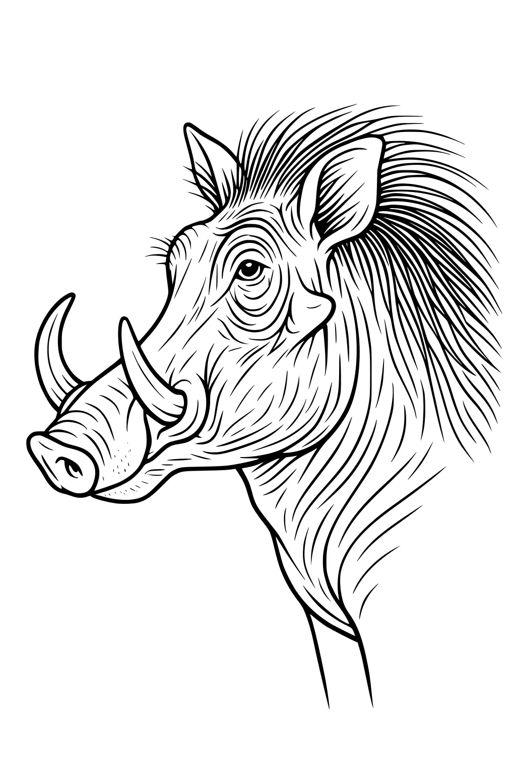 Line drawing of a warthog head in profile, with long tusks, spiky cheek hair, and pointy ears.