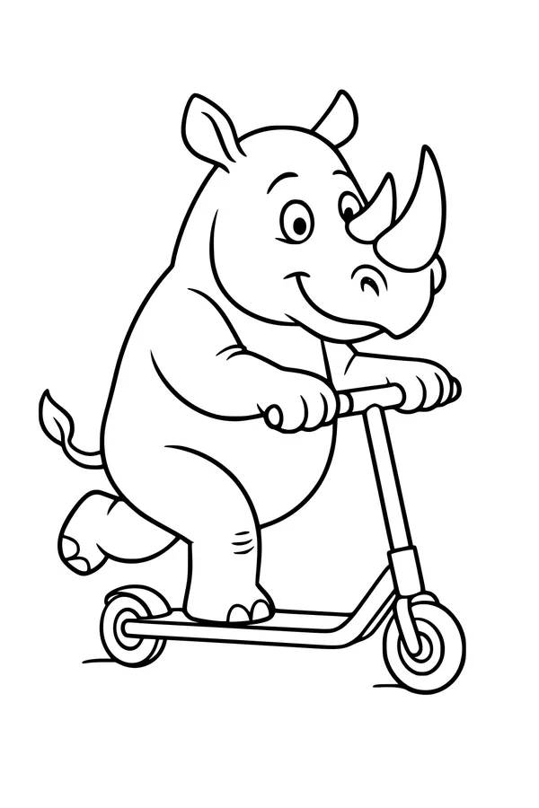 Free Rhinoceros Coloring Page - Cartoon Rhino Riding a Scooter (Printable PDF)