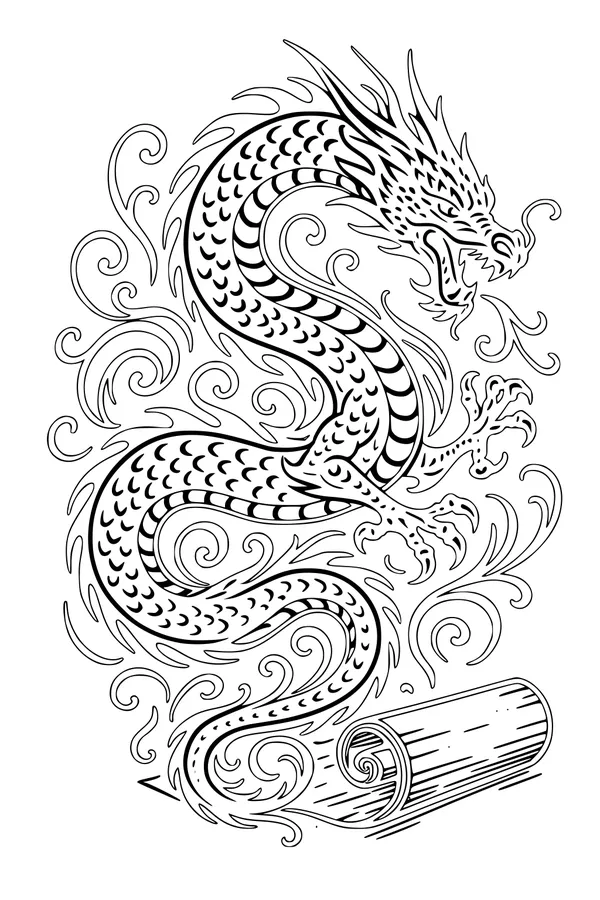 Free Dragon Coloring Page - Asian Scroll Guardian in Clouds (Printable PDF)