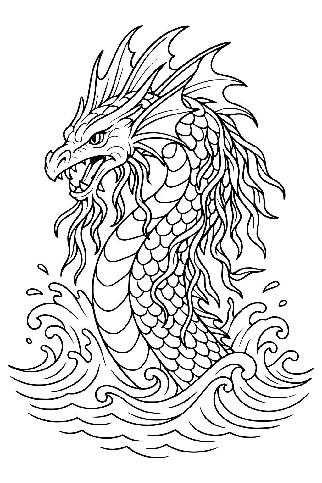 Sea dragon with spiky fins and flowing tendrils rising from waves, scaled body, open mouth, and splash lines around.