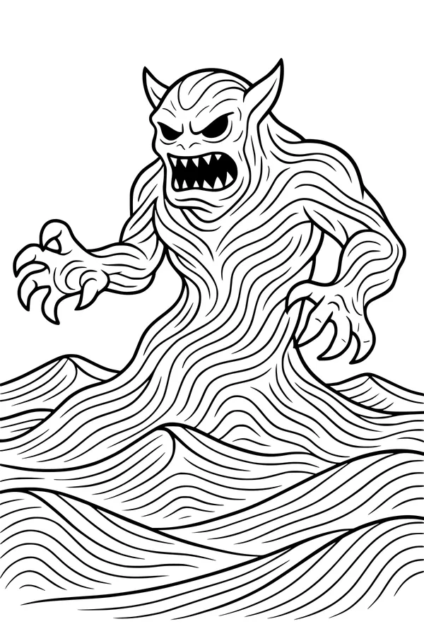 Free Water Elemental Coloring Page - Horned Sea Monster in Ocean Waves (Printable PDF)