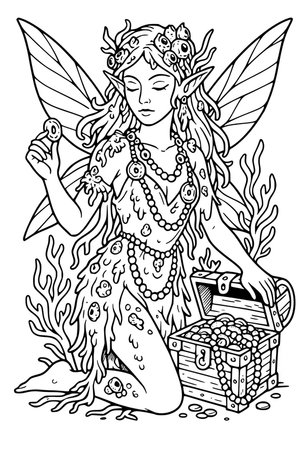 Free Sea Fairy Coloring Page - Ocean Treasure Chest Discovery (Printable PDF)